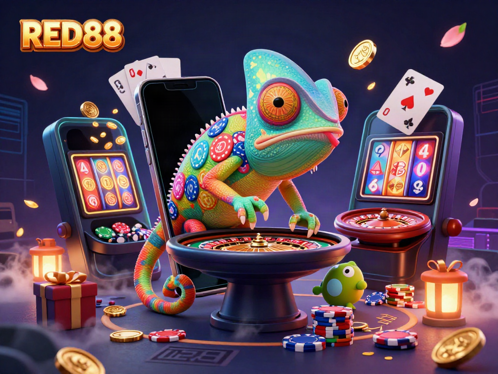 Experience the vibrant world of RED88 with a lively chameleon casino owner amidst dynamic gambling elements