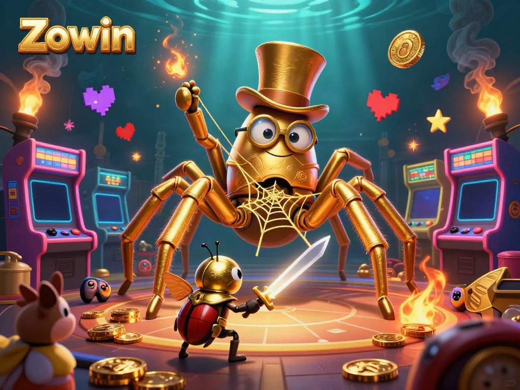 Zowin's vibrant casino scene depicts a golden tarantula weaving treasure amidst colorful gaming elements.