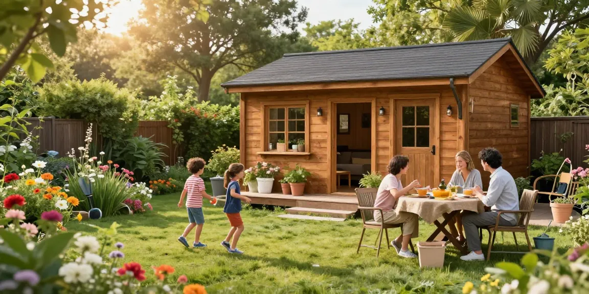 Entspannte Familie im Garten steht um ein neues Gartenhaus, ideal zum Gartenhaus kaufen.
