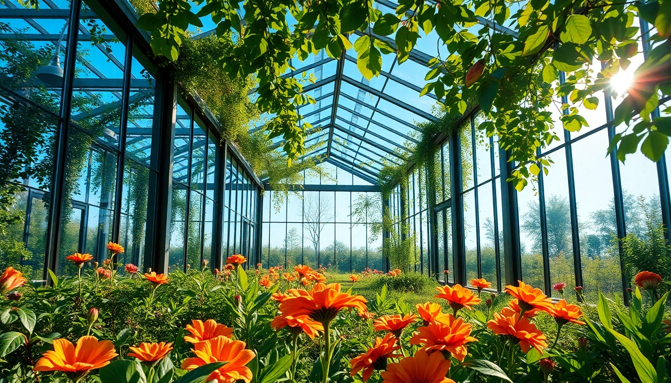 Wintergarten mit Glaswaenden, der nahtlos in eine gruene Gartenlandschaft integriert ist.