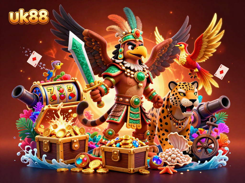 Experience excitement at uk88 with an Aztec warrior and treasure in a vibrant 3D casino scene.