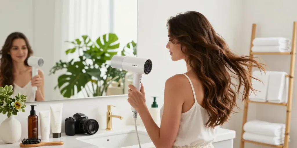 Die Verwendung des Laifen Haartrockners zeigt eine Frau in einem modernen Badezimmer mit luxuriösen Pflegeprodukten.