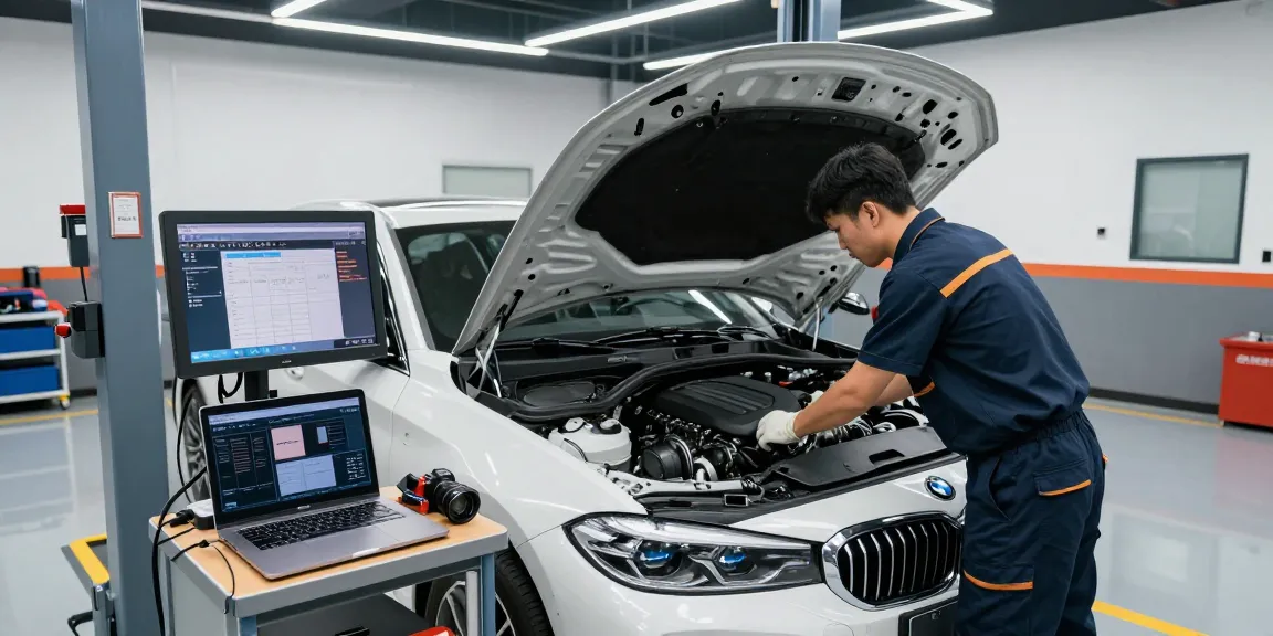 Professionelle BMW Werkstatt Hannover mit Mechaniker, der Motor prüft und moderne Diagnosegeräte nutzt.