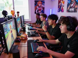 Friends engaged in a thrilling hentai game session, vibrant anime graphics on screen.