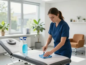 Praxisreinigung in Münster mit einem Reinigungskraft, der ein hygienisches Umfeld in einer Arztpraxis sicherstellt.