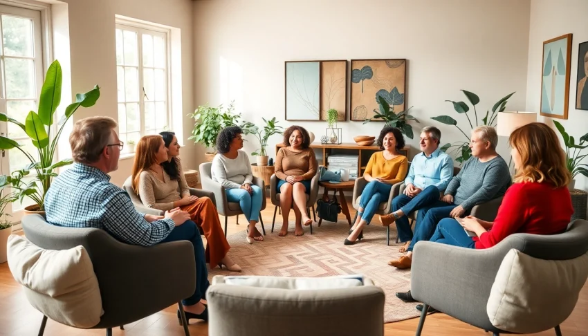 Group therapy session promoting mental health awareness in a calm, inviting setting.