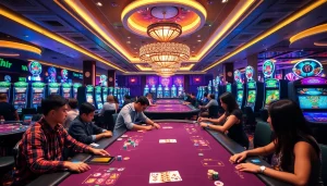 Casinospiele in einer lebhaften Casino-Umgebung mit Spielern an eleganten Tischen.