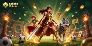 Spectacular scene showcasing soi kèo nhà cái sports betting strategy with a warrior queen and her armored wolf.