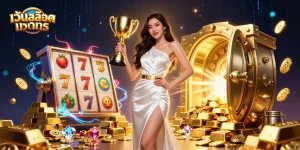 Engage in เว็บสล็อตทดลอง featuring a confident Asian woman with a trophy amid rich slot game visuals.