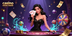 Play thrilling games at casino ohne oasis with glamorous Asian woman showcasing playing cards in a lavish setting