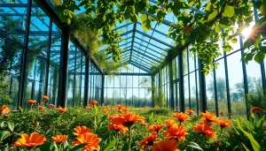 Wintergarten mit Glaswaenden, der nahtlos in eine gruene Gartenlandschaft integriert ist.