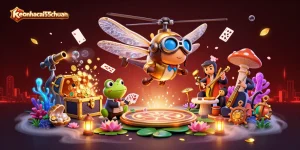 Engage in thrilling bets at keonhacai55chuan with vibrant casino characters and glowing treasures.