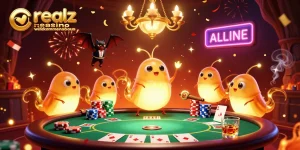 Erleben Sie den Realz Casino Willkommensbonus in einem belebten Casino mit leuchtenden Glühwürmchen und einem Fledermausdealer.