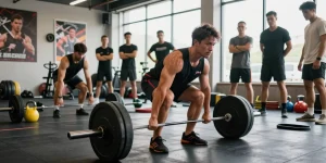 Anabolika Shop: Athlet hebt Gewichte im Fitnessstudio mit motivierenden Elementen.