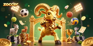 Zoccer attracts players with a thrilling casino scene, showcasing a golden ram and sports elements.