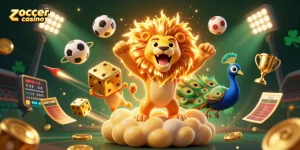 Zoccer casino offers dynamic gaming action with vibrant sports-themed elements in this 3D illustration.