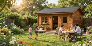 Entspannte Familie im Garten steht um ein neues Gartenhaus, ideal zum Gartenhaus kaufen.