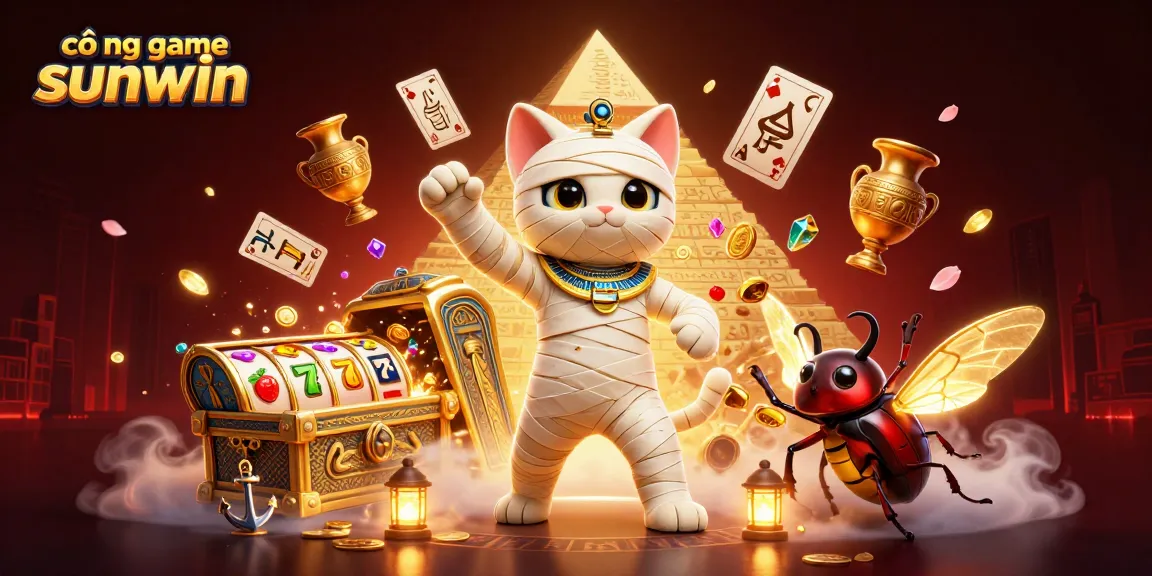 Engage with thrilling gaming at cổng game sunwin featuring a vibrant Egyptian mummy cat scene.