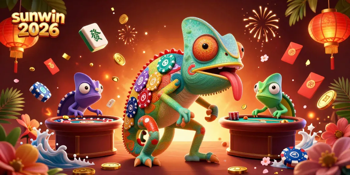 Experience the excitement of sunwin 2026 with a vibrant 3D casino scene featuring a chameleon owner and dynamic game elements.